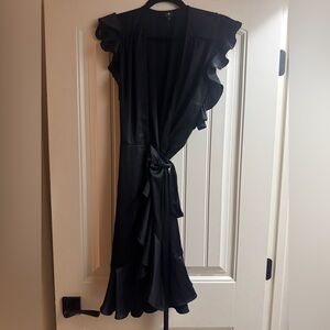 7 FOR ALL MANKIND Silk Black Ruffle Wrap Midi Dress -